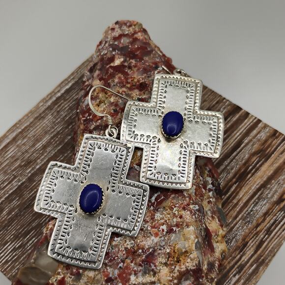 Southwestern Lapis and Sterling Silver Cross Earrings - Picture 4 of 6